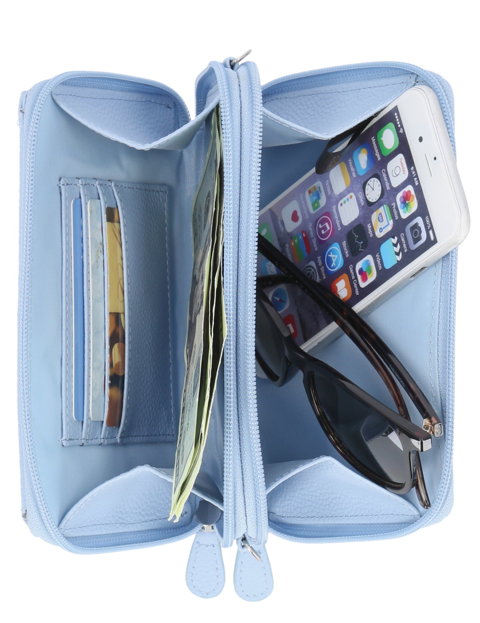 On The Move Crossbody Belt Bag - Mundi Wallets - Women's Wallet - Organizer Wallet - RFID Protected - Chambray