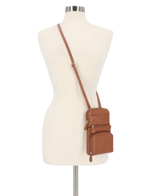 Little Miracle Leather Cell Phone Crossbody Bag - Mundi Wallets - Women's Organizer Wallet - RFID Protected - Cognac Brown