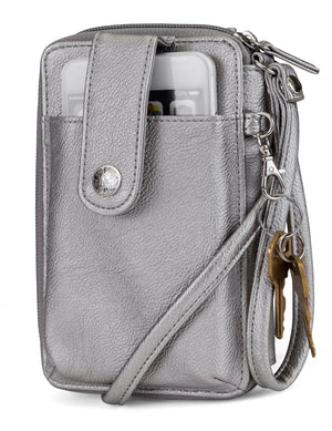 Jacqui Crossbody Cell Phone Wallet - Mundi Wallets - Women's Wallet - Wristlet - Crossbody Bag - Key Chain - Pewter Silver - RFID protected Organizer Wallet